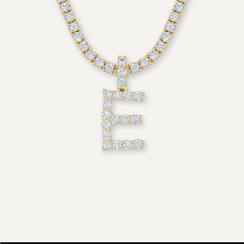Diamond Letter Necklace (20in) w/ 3mm Tennis Chain & “E” Initial. Unisex. NEW